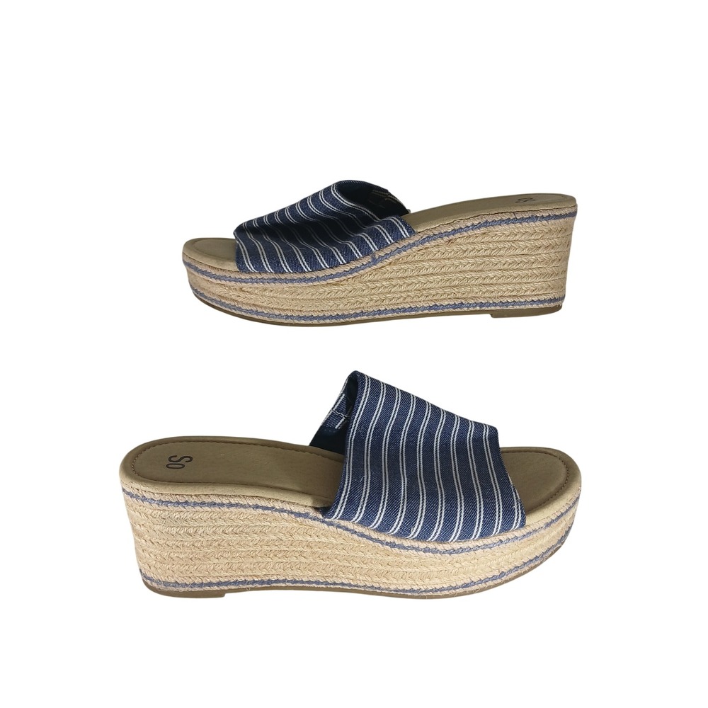 Platform Slide Sandals 9.5 Blue Striped Espadrille Wedge Nautical Beachy Cruise